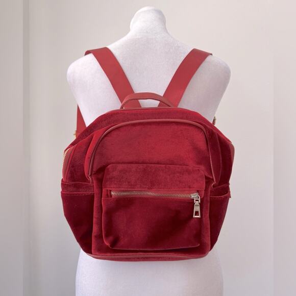 Red Velvet Multi Compartment Mini Backpack w/ Matching Pom Pom - Picture 1 of 10